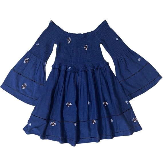 NWT Free People Counting Daisies Navy Blue Smocked Embroidered Mini Dress Small - Picture 3 of 12